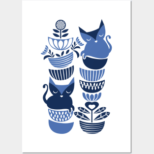 Swedish folk cats I // indigo blue Posters and Art